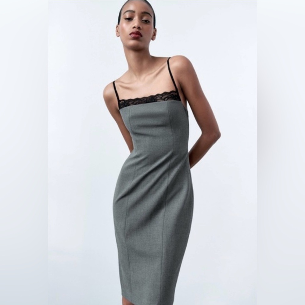 ZARA - Sleek Grey Slip Dress with Black Lace Trim